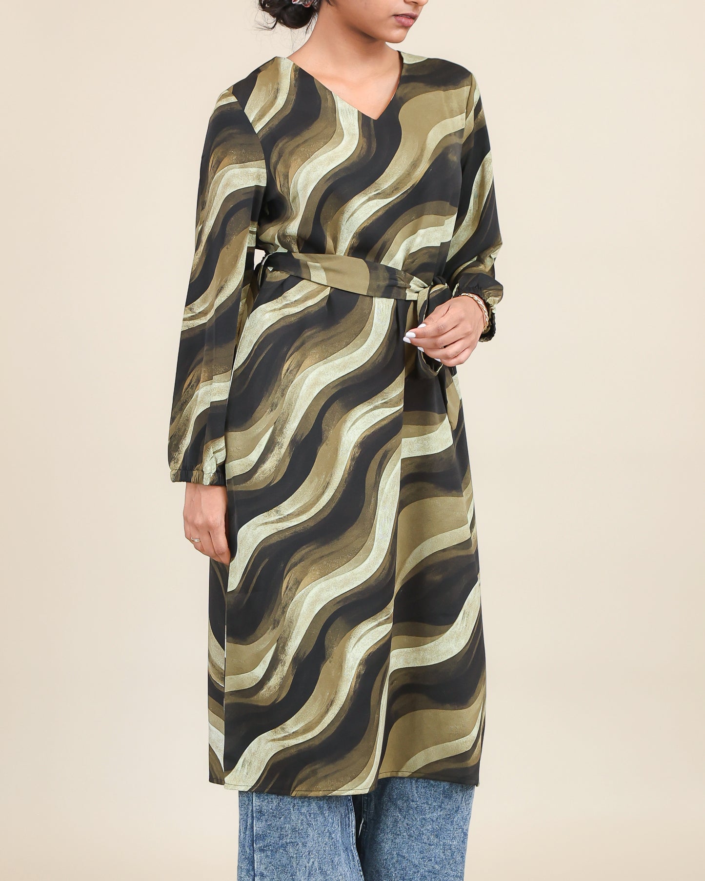 Olive Wave Flow Belted Top