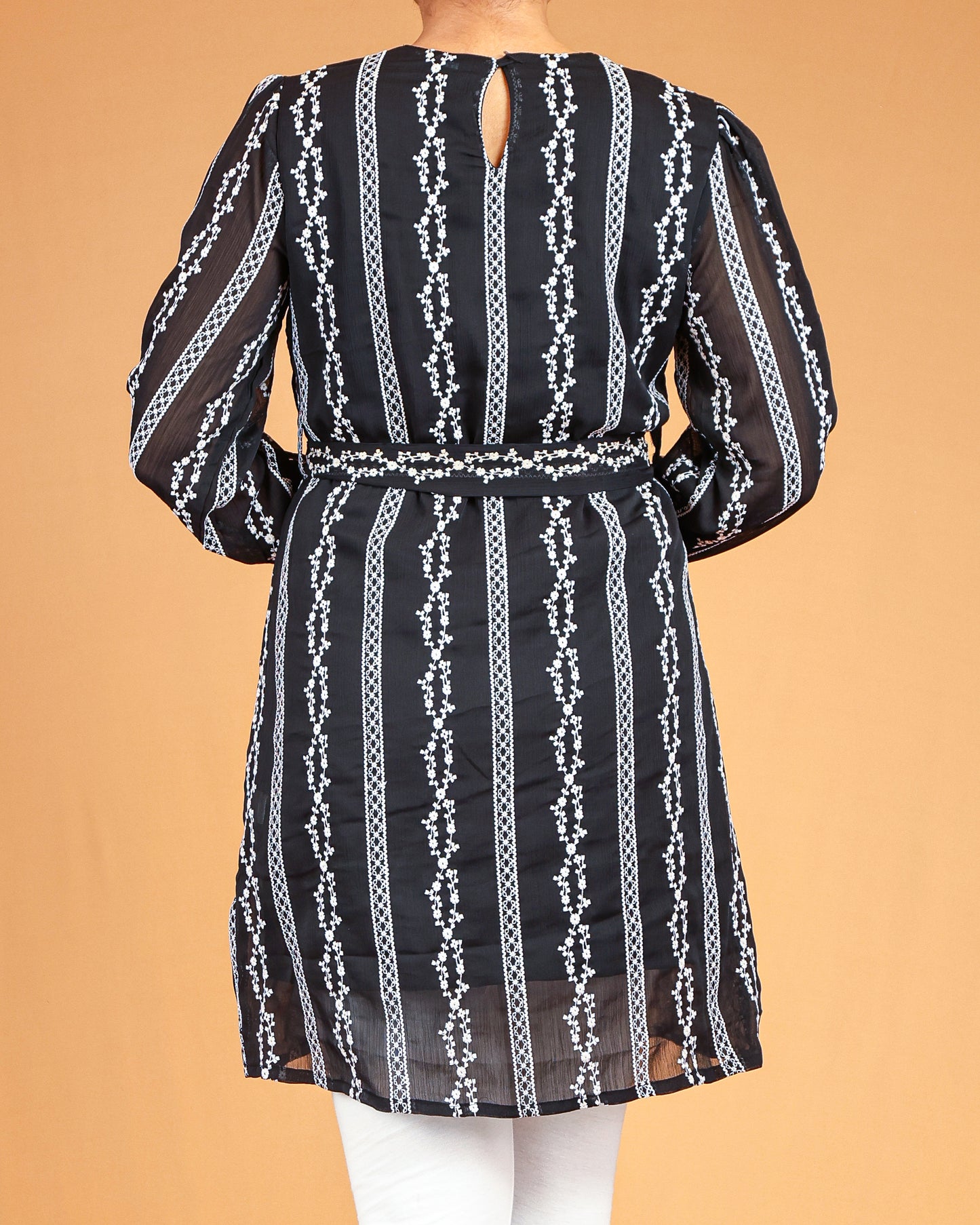 Midnight Noir Embroidered Midi with Waist Tie Belt