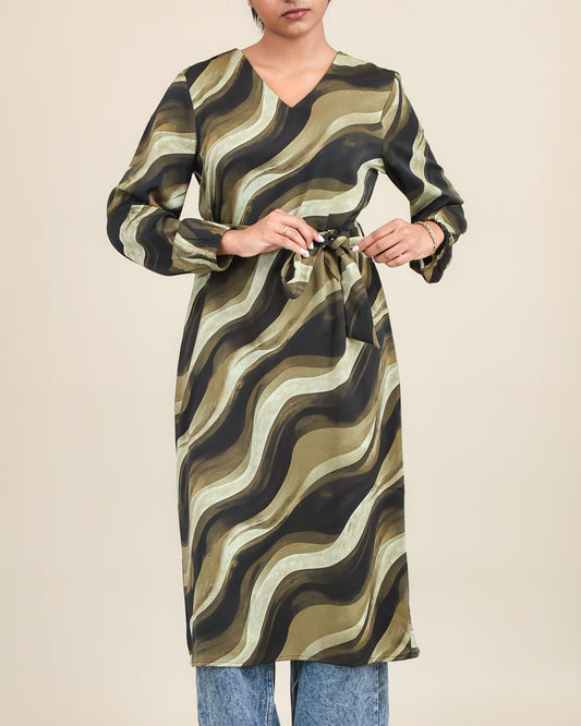 Olive Wave Flow Belted Top