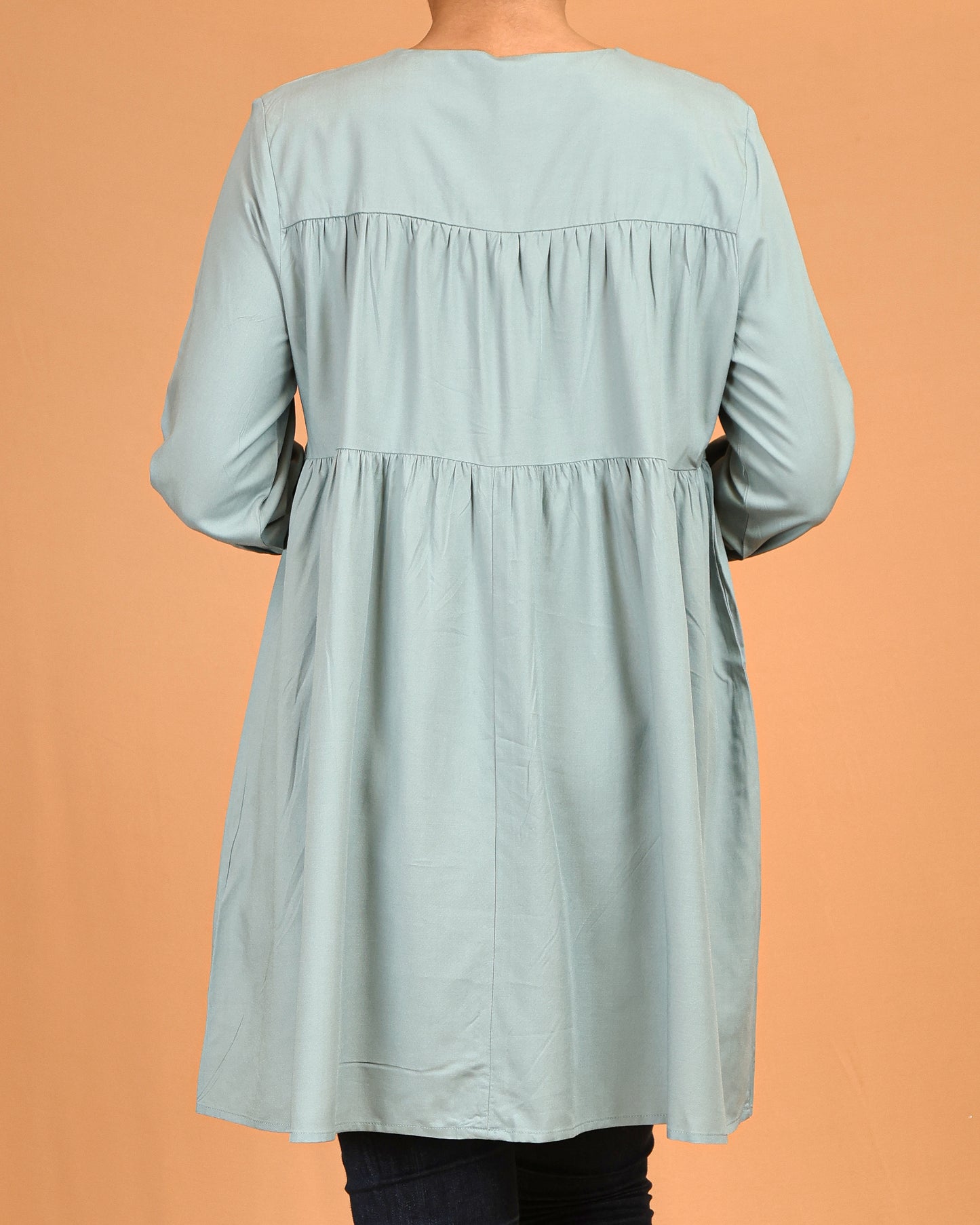 Tiered Tie-Neck Modest Top – Soft Sage
