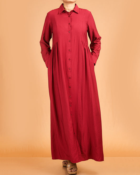 Classic Textured Button-Down Maxi – Maroon