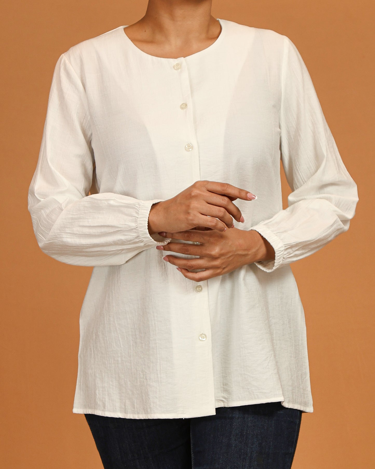 White Textured Button-Front Top