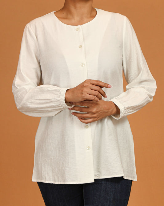 White Textured Button-Front Top