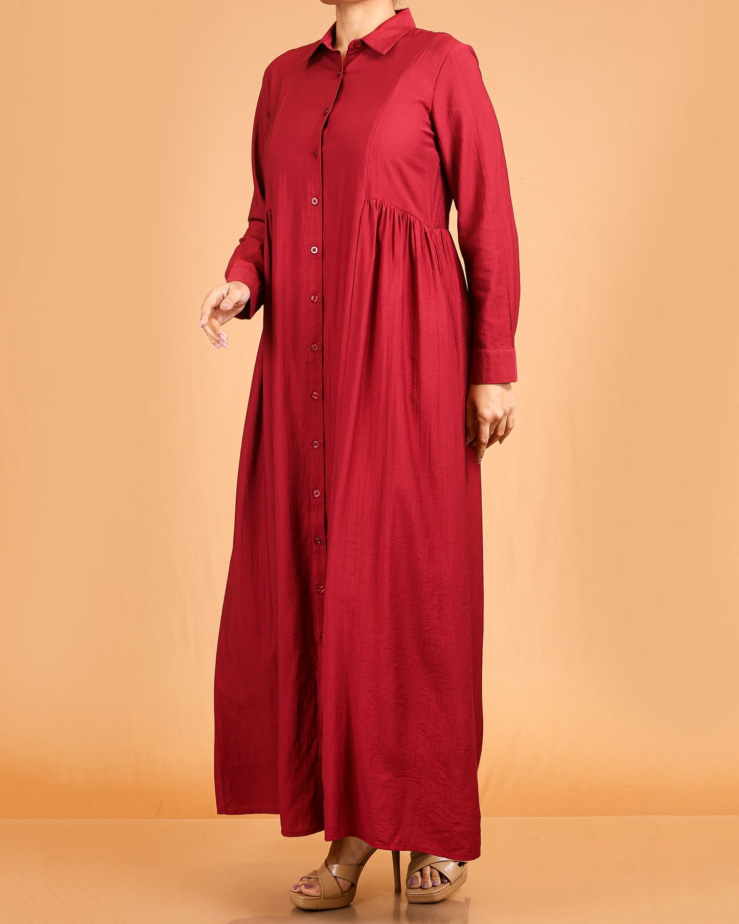 Classic Textured Button-Down Maxi – Maroon