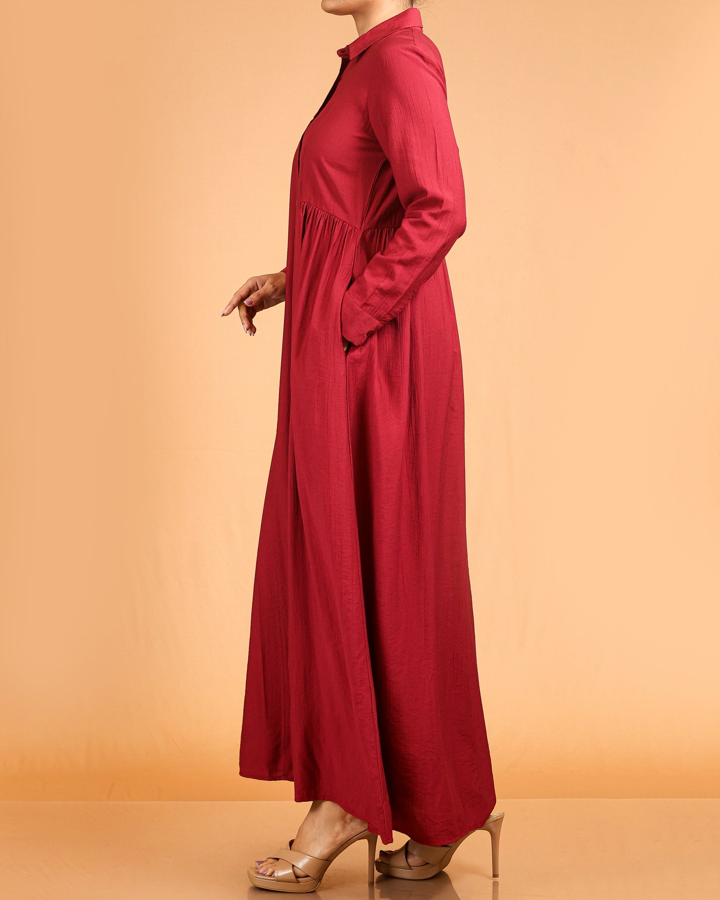Classic Textured Button-Down Maxi – Maroon