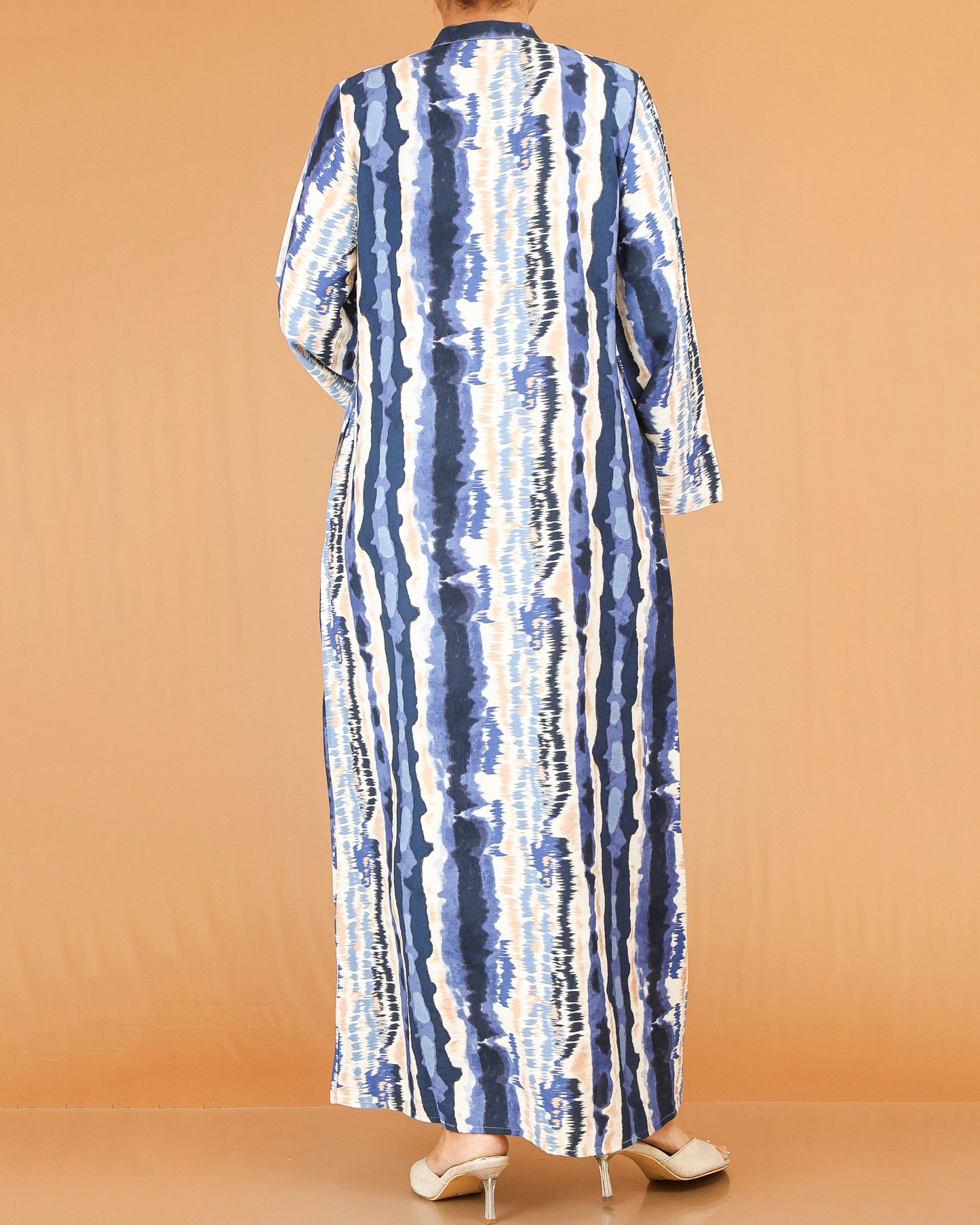 Blue Abstract Print Mandarin Collar Abaya Maxi with Flared Sleeves