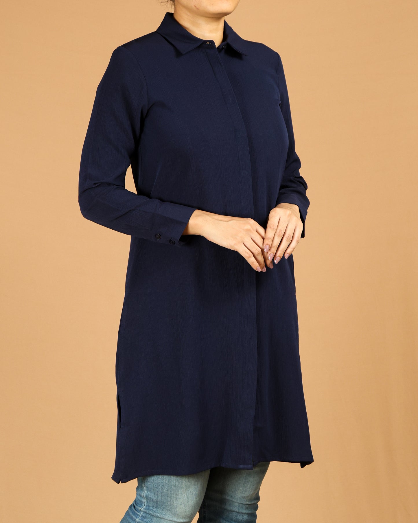 Classic Button-Down Long Shirt with Side Slits