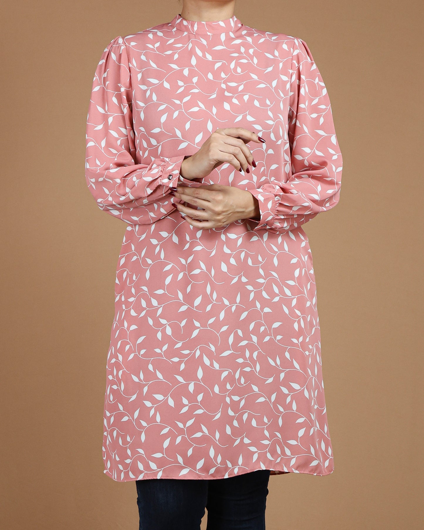 Leaf-Print Long Top with Pockets