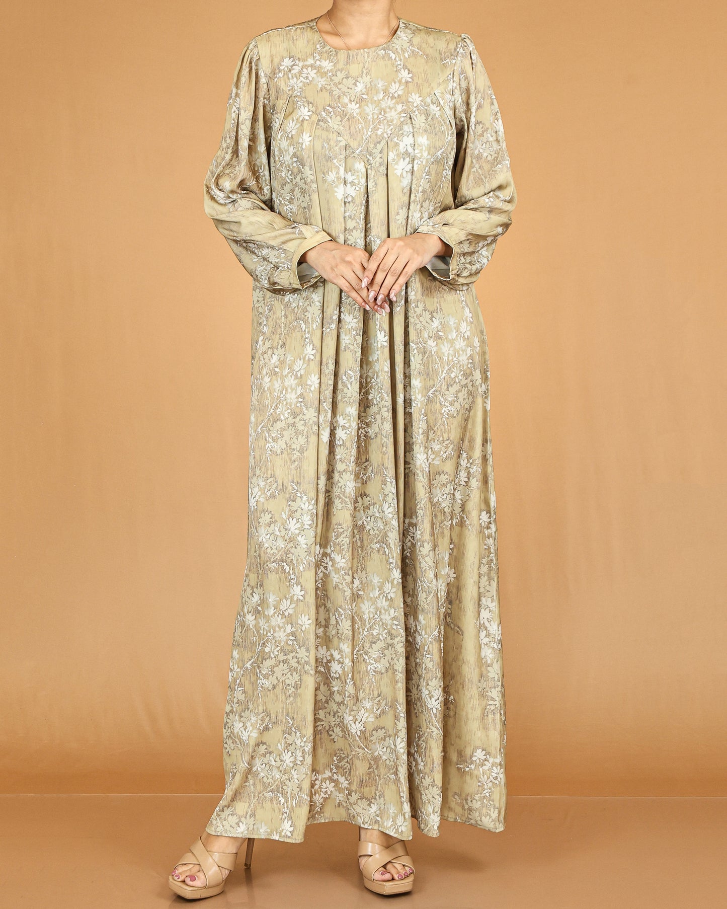 Beige Floral Pleated Modest Abaya