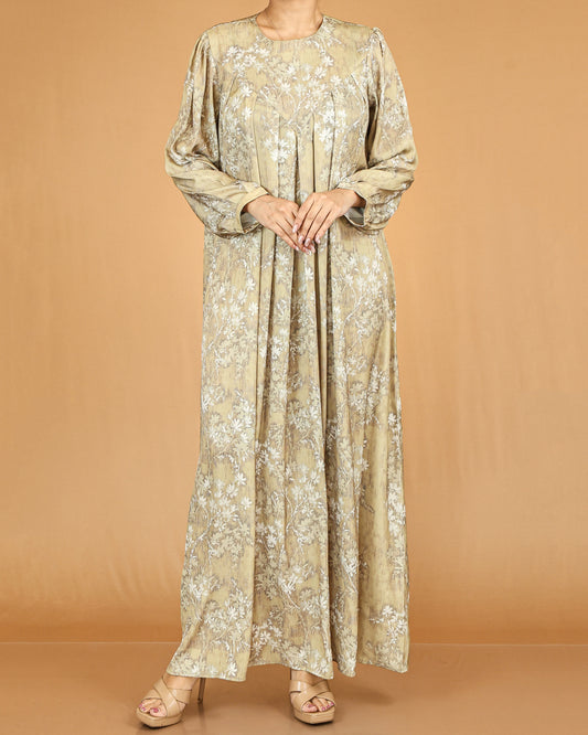 Beige Floral Pleated Modest Abaya