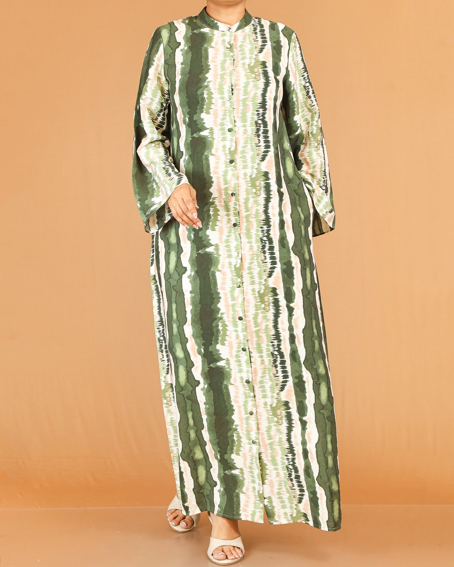 Green Abstract Print Mandarin Collar Abaya Maxi with Flared Sleeves