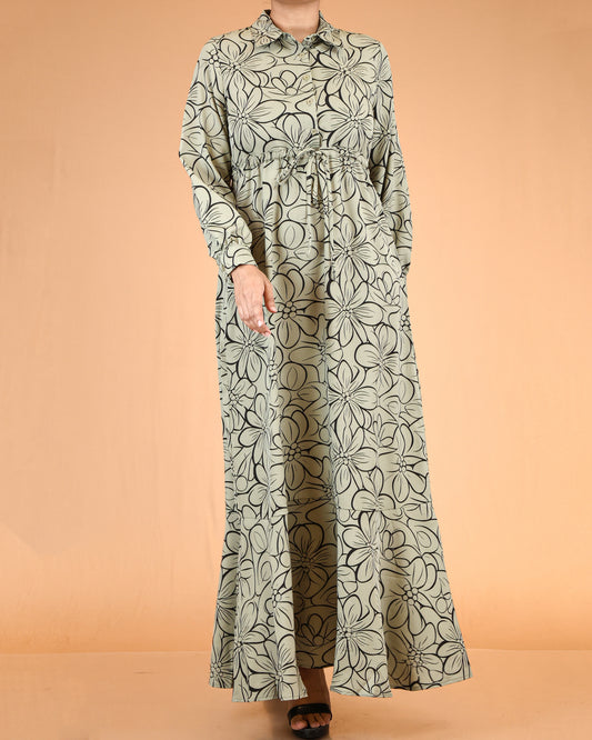 Muted Sage Floral Line Print Abaya Maxi Dress