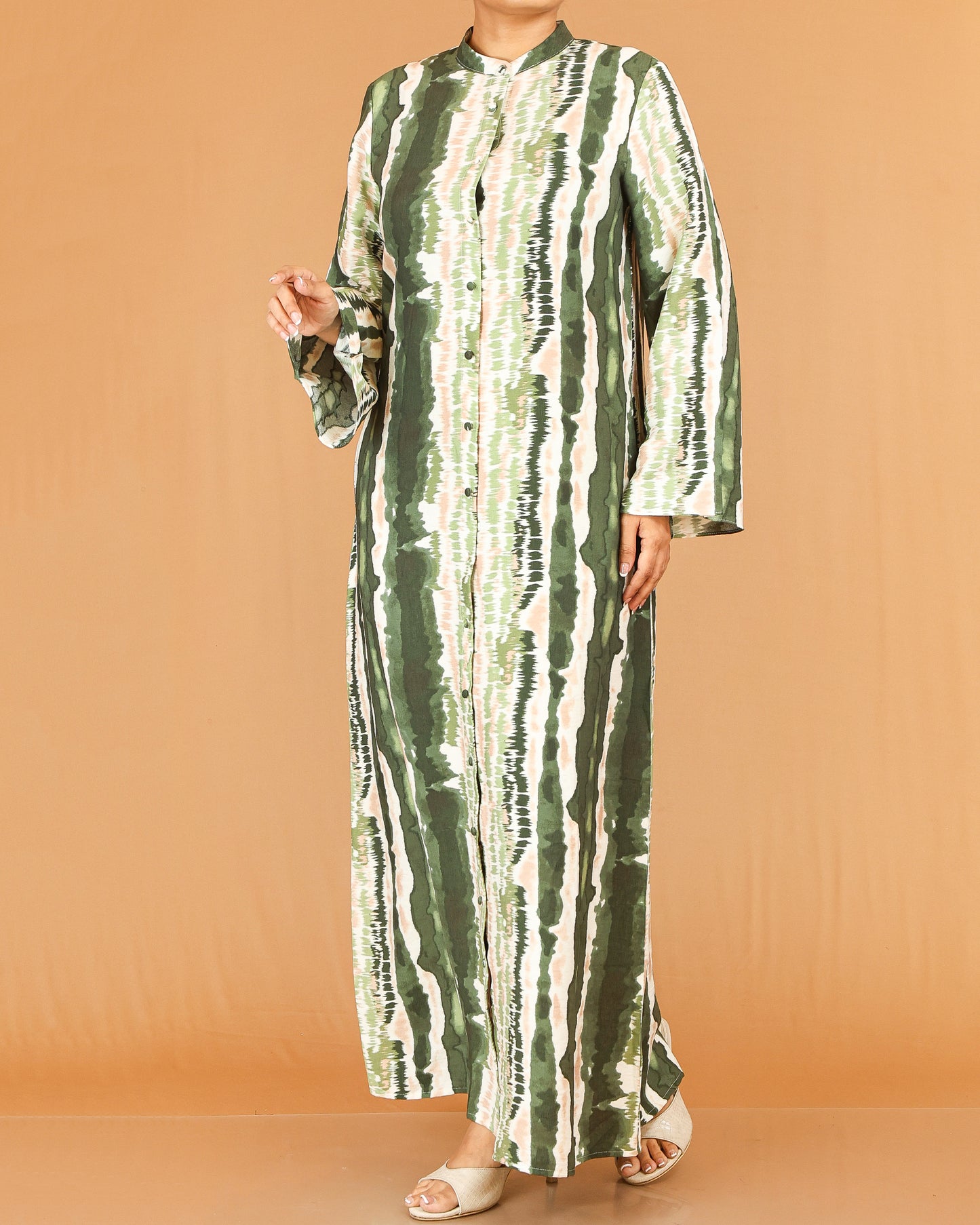 Green Abstract Print Mandarin Collar Abaya Maxi with Flared Sleeves