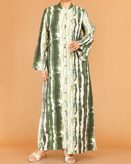 Green Abstract Print Mandarin Collar Abaya Maxi with Flared Sleeves