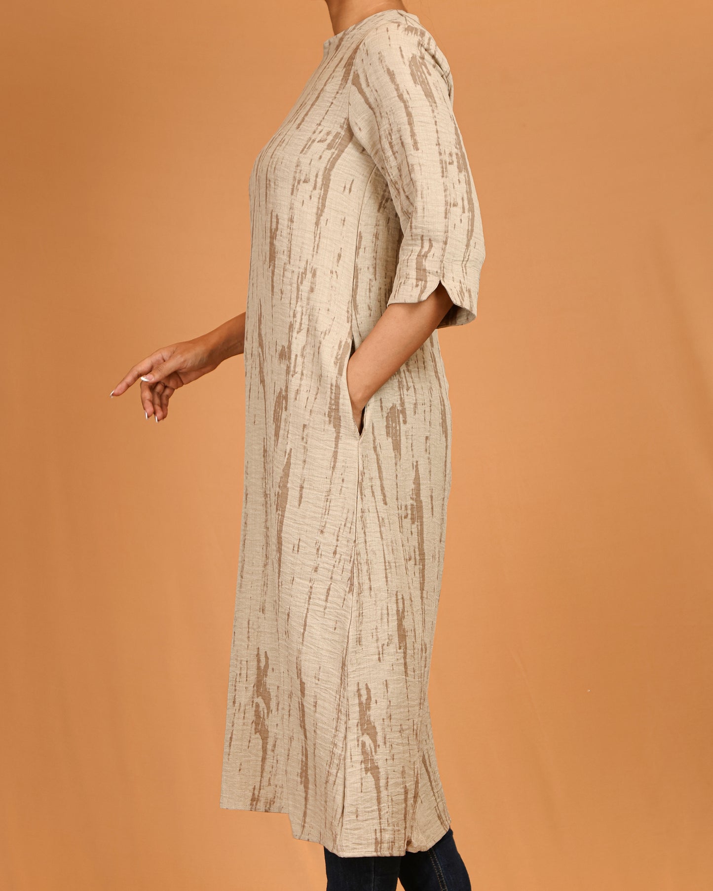 Beige Textured Midi Dress