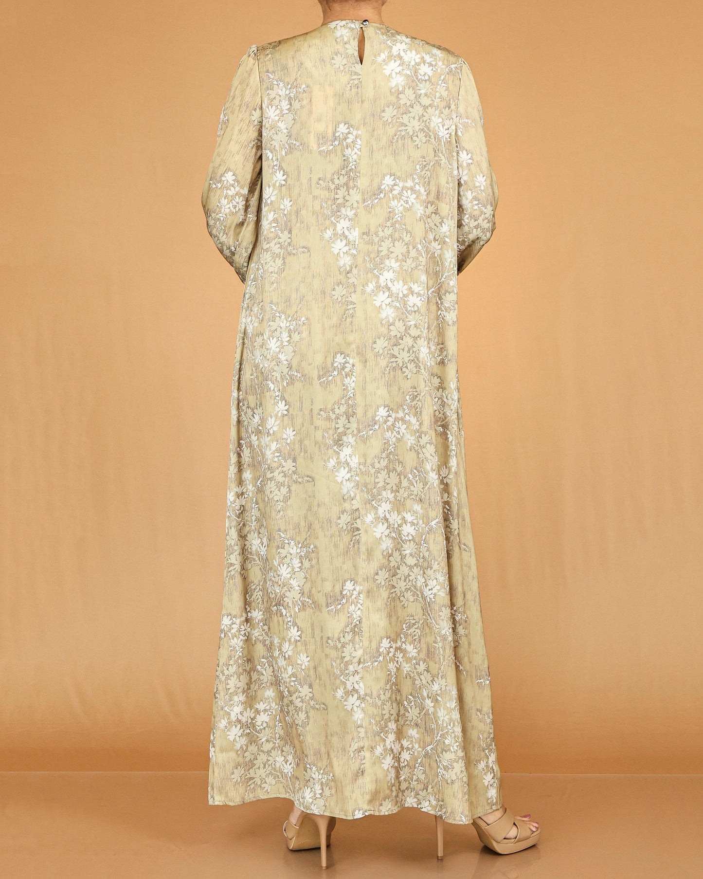 Beige Floral Pleated Modest Abaya