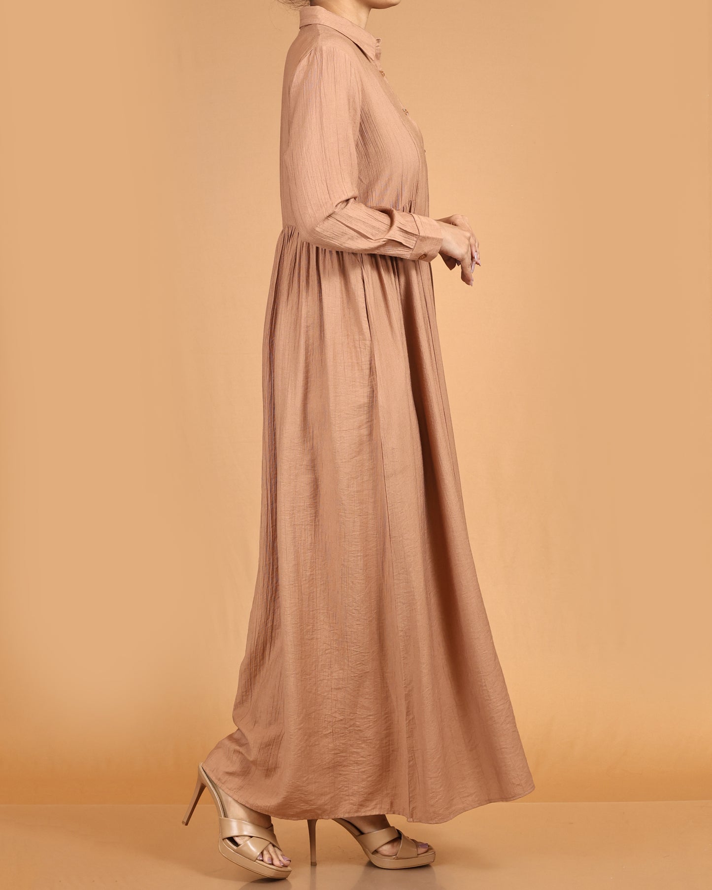 Classic Textured Button-Down Maxi – Brown