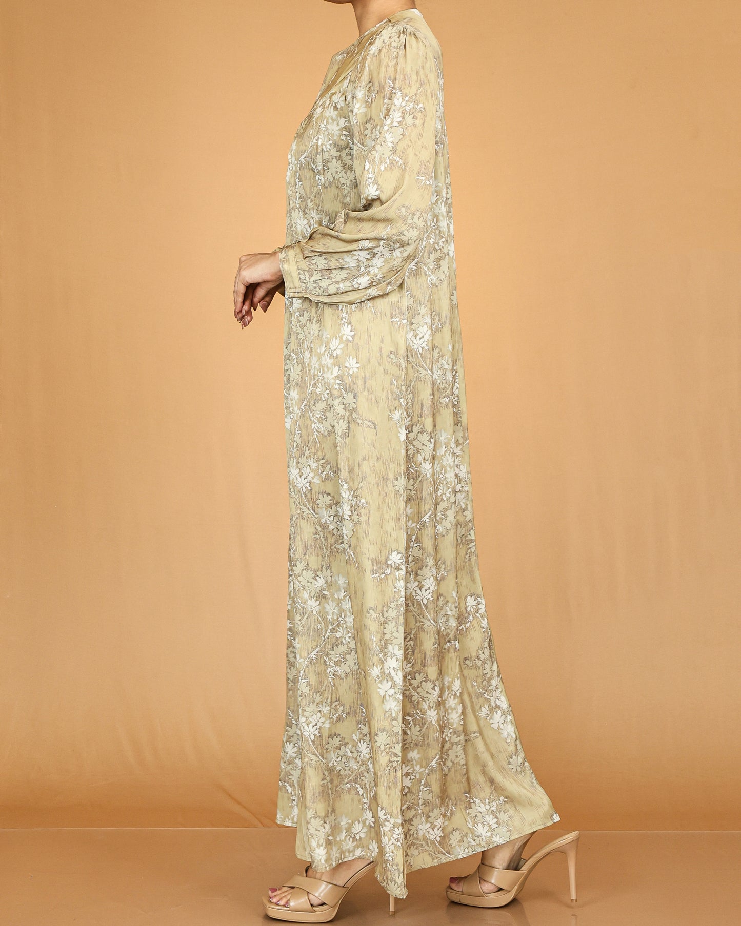 Beige Floral Pleated Modest Abaya