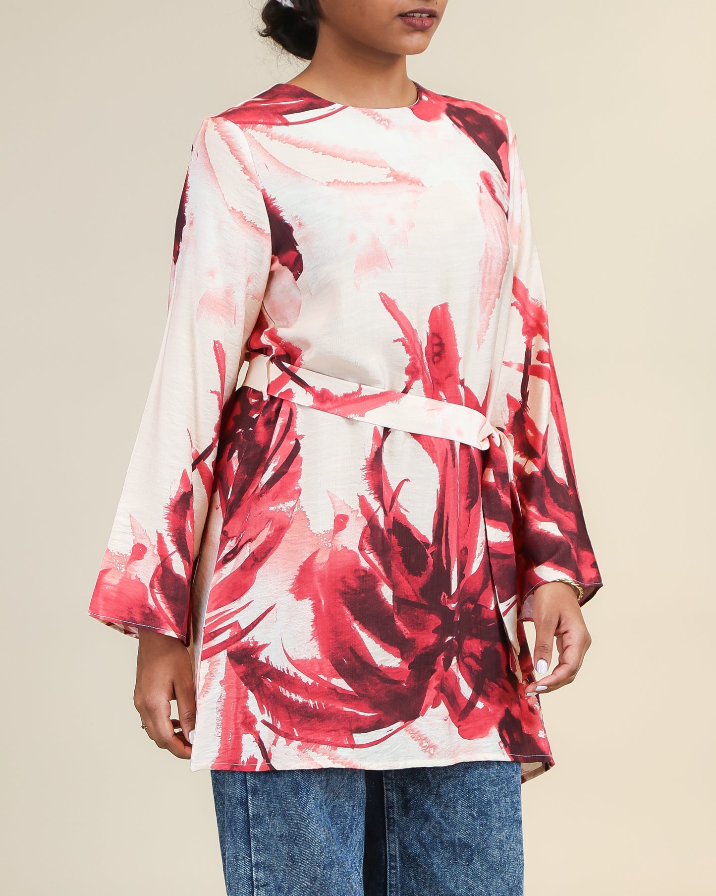 Crimson Blush Brushstroke Belted Top