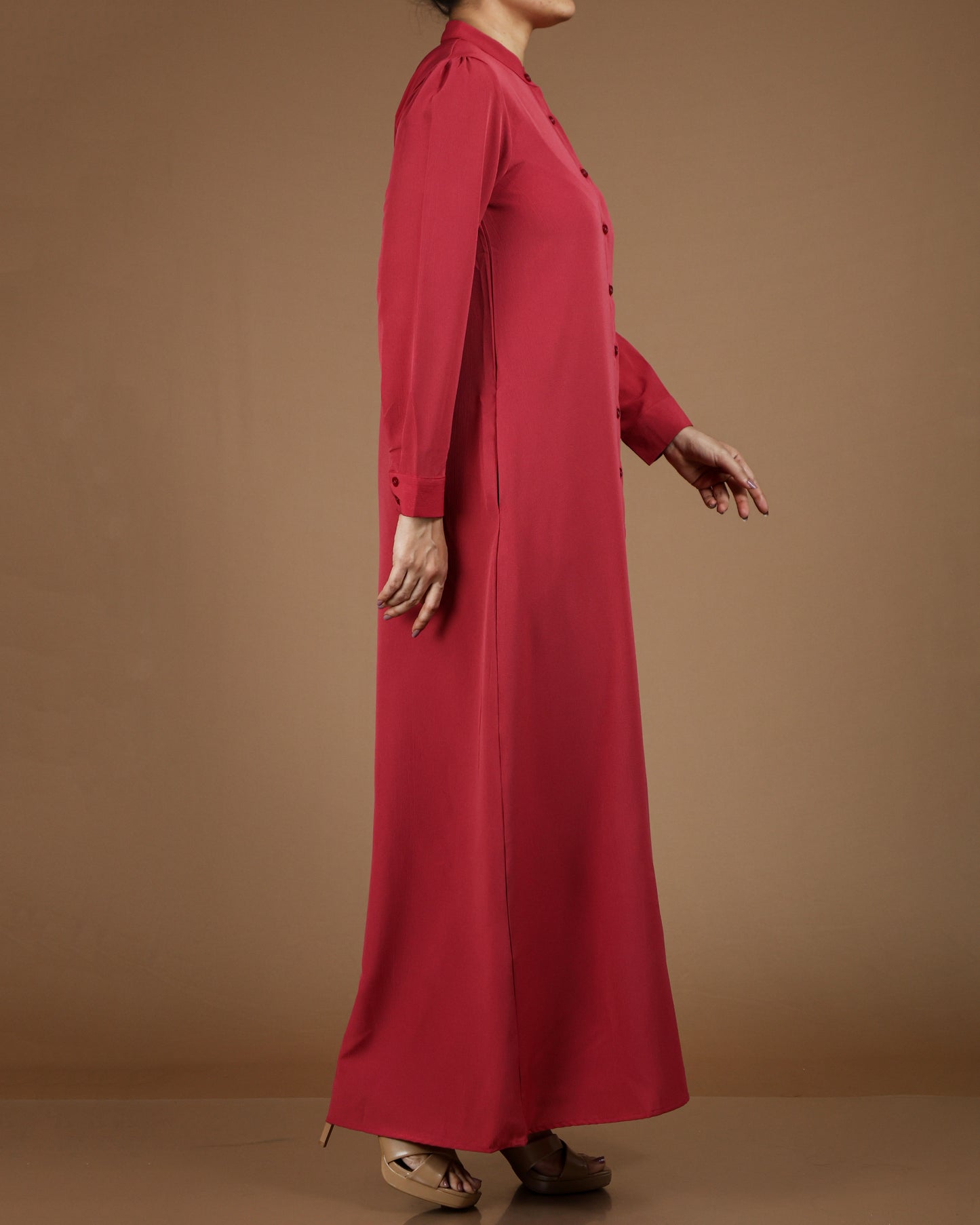 Textured Polyester Button-Down Maxi Dress