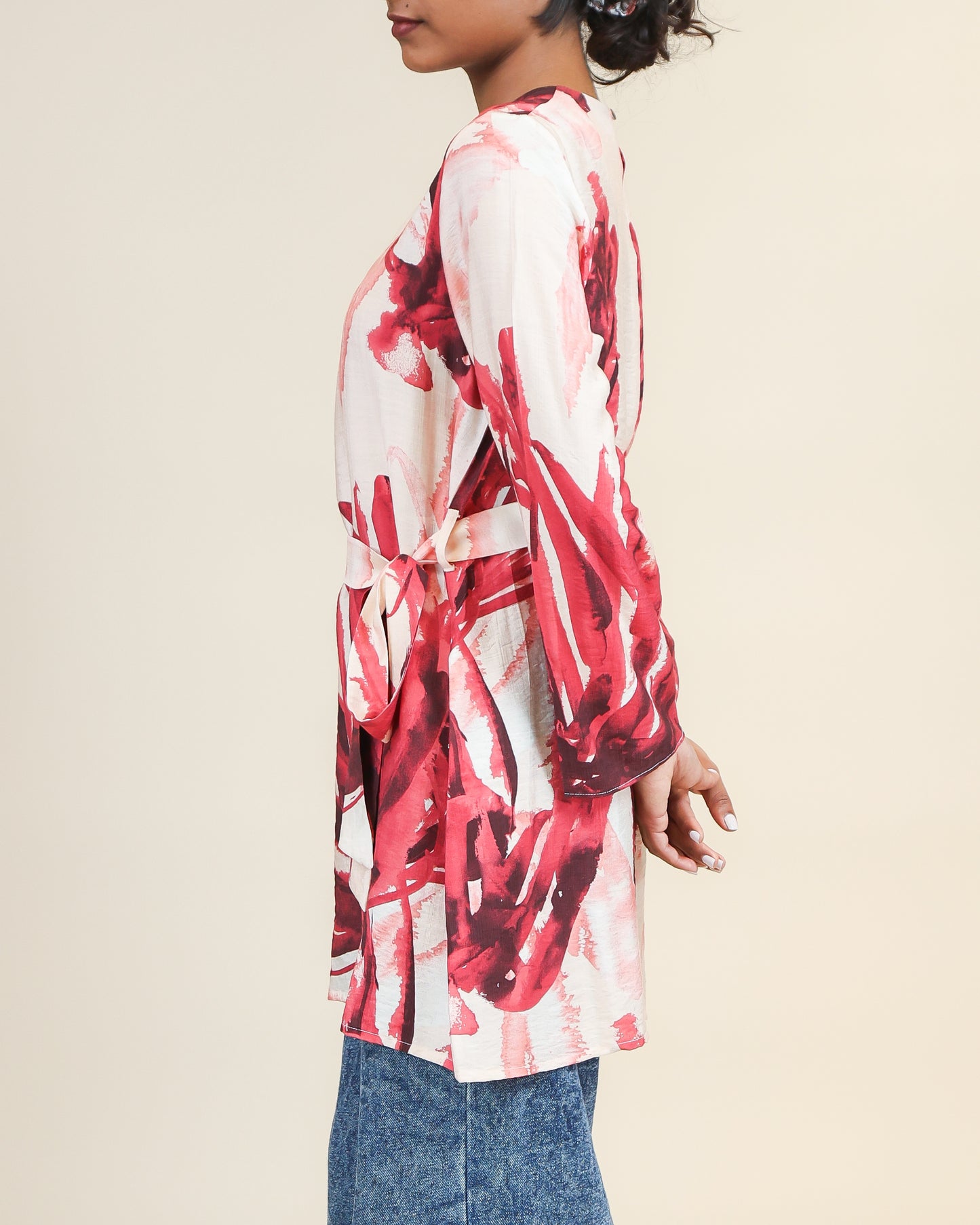 Crimson Blush Brushstroke Belted Top