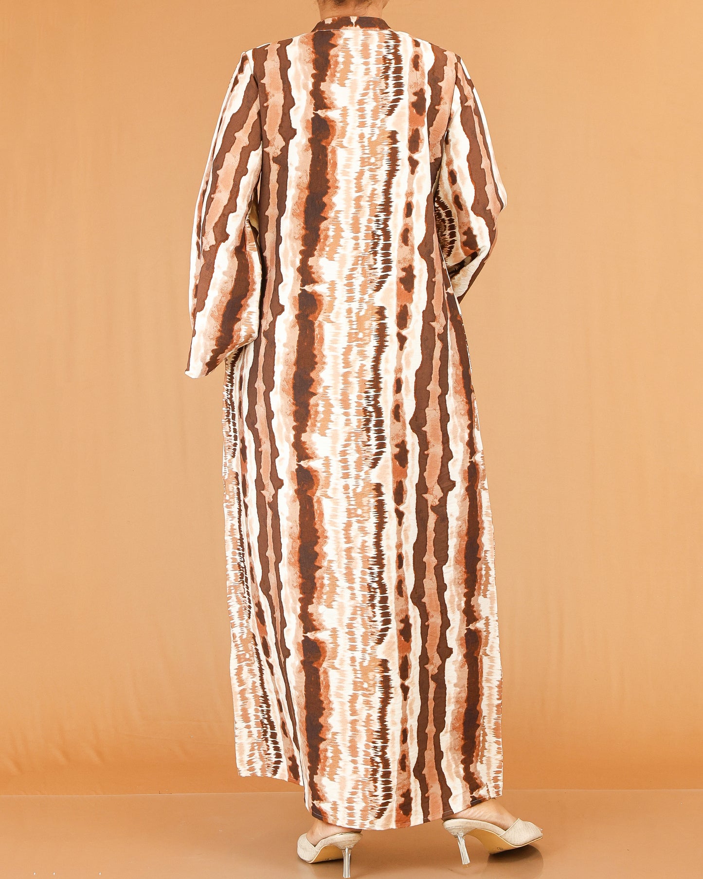 Brown Abstract Print Mandarin Collar Abaya Maxi with Flared Sleeves