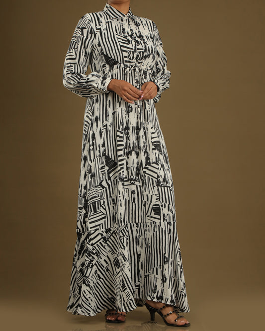Monochrome Printed Shirt Maxi – Lightweight Polyester Elegance