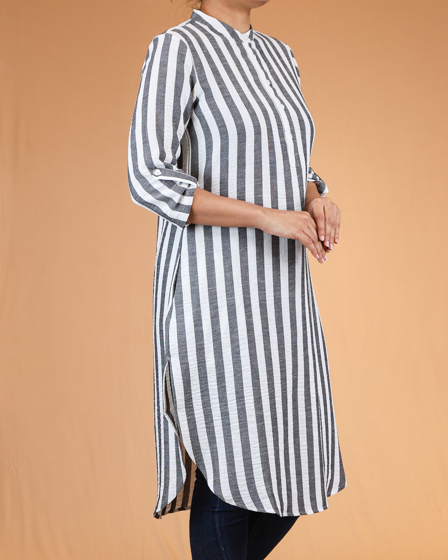 Charcoal Grey Striped Buttoned Top with Roll Up Sleeves