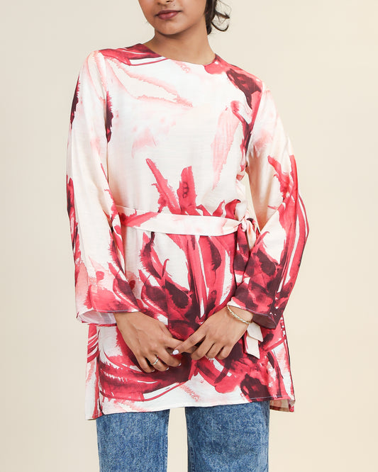 Crimson Blush Brushstroke Belted Top