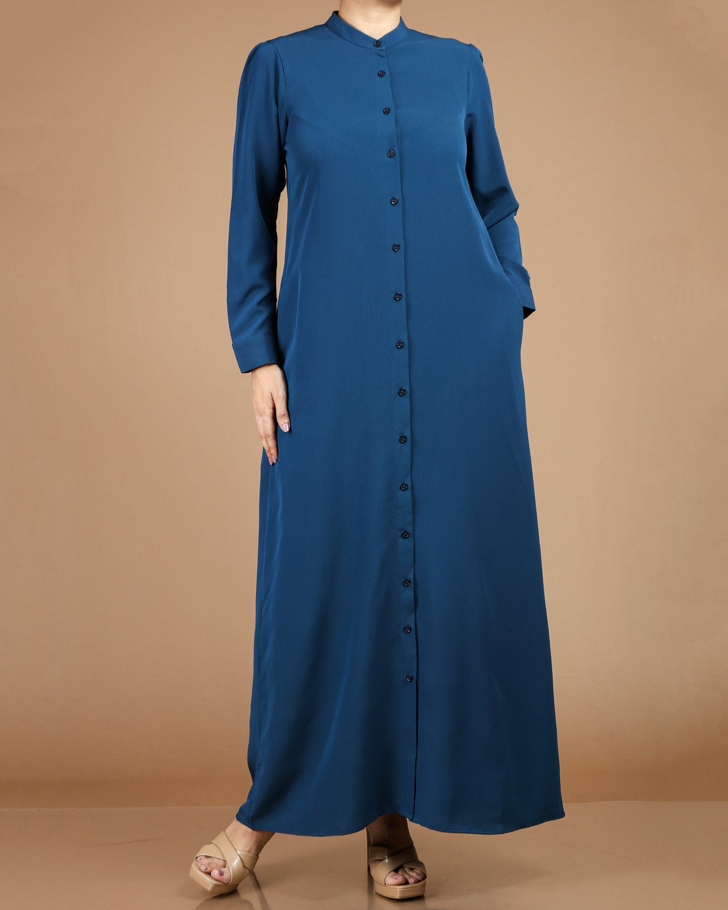 Textured Polyester Button-Down Maxi Dress