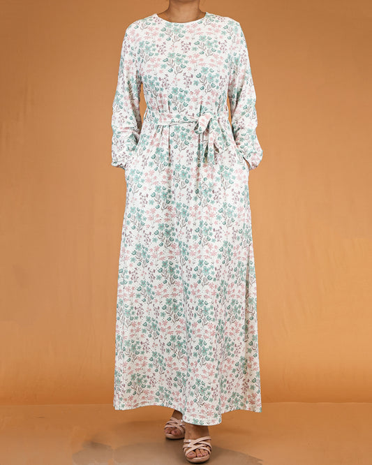Ivory Garden Floral Belted Maxi Dress