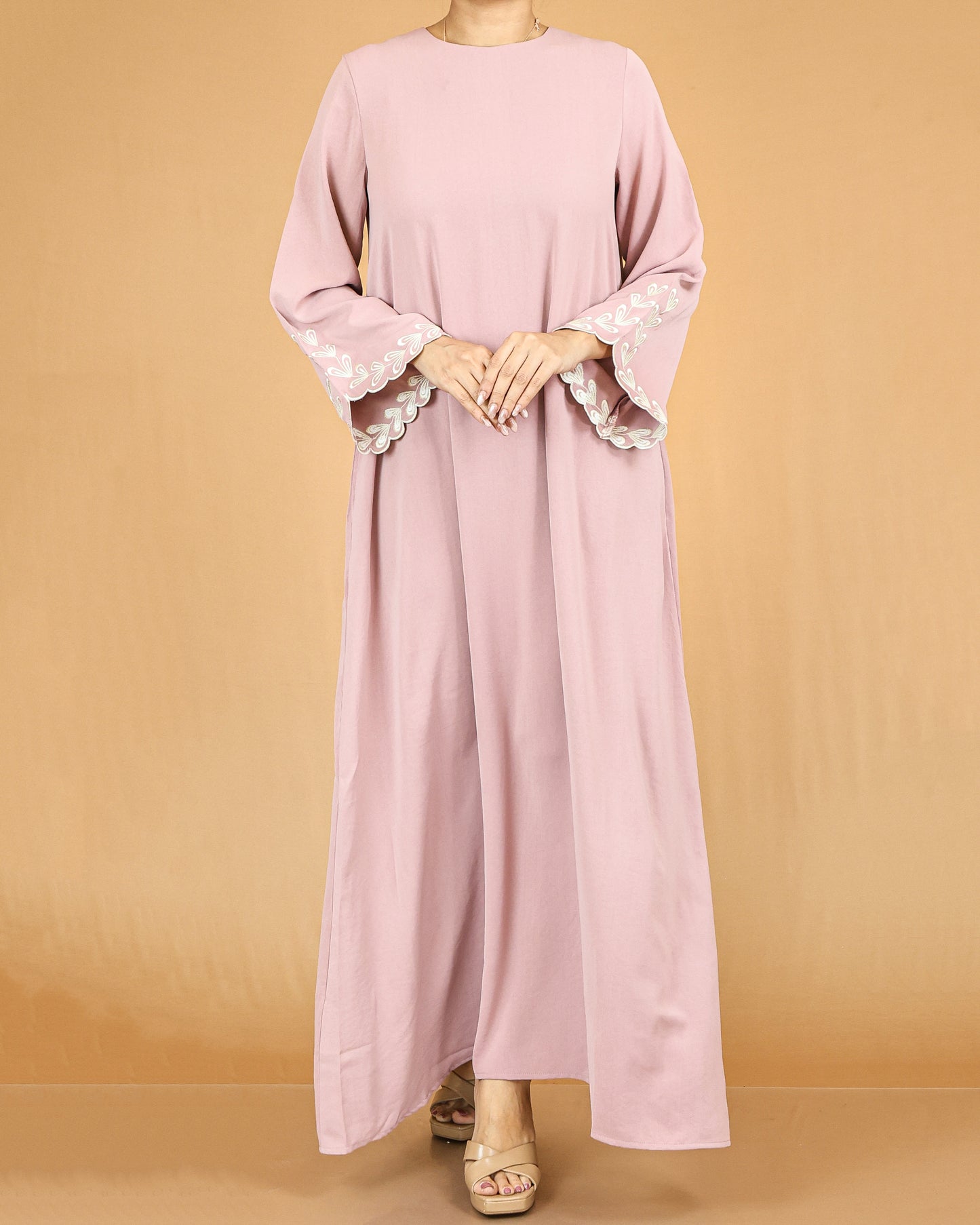 Dusty Pink Embroidered Bell-Sleeve Abaya