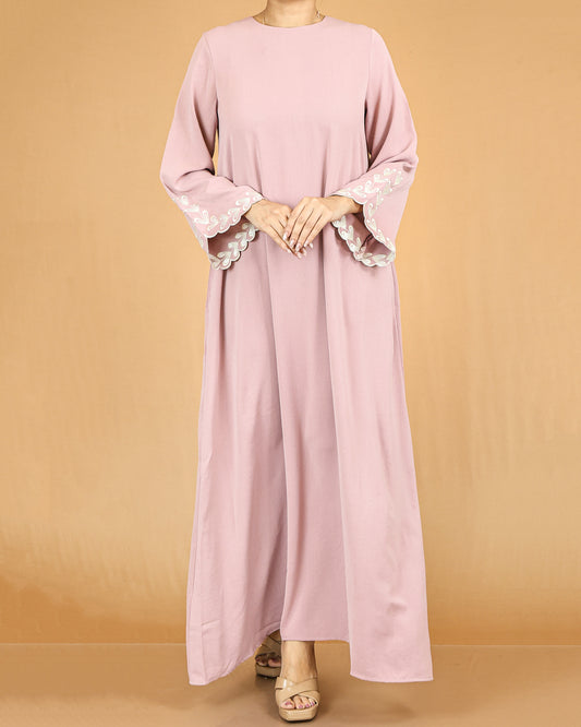 Dusty Pink Embroidered Bell-Sleeve Abaya