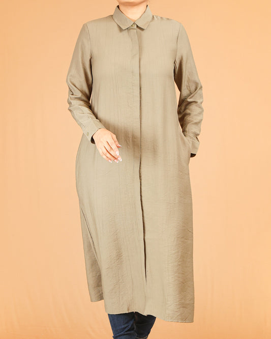 Sand Beige Shirt Dress with Concealed Placket