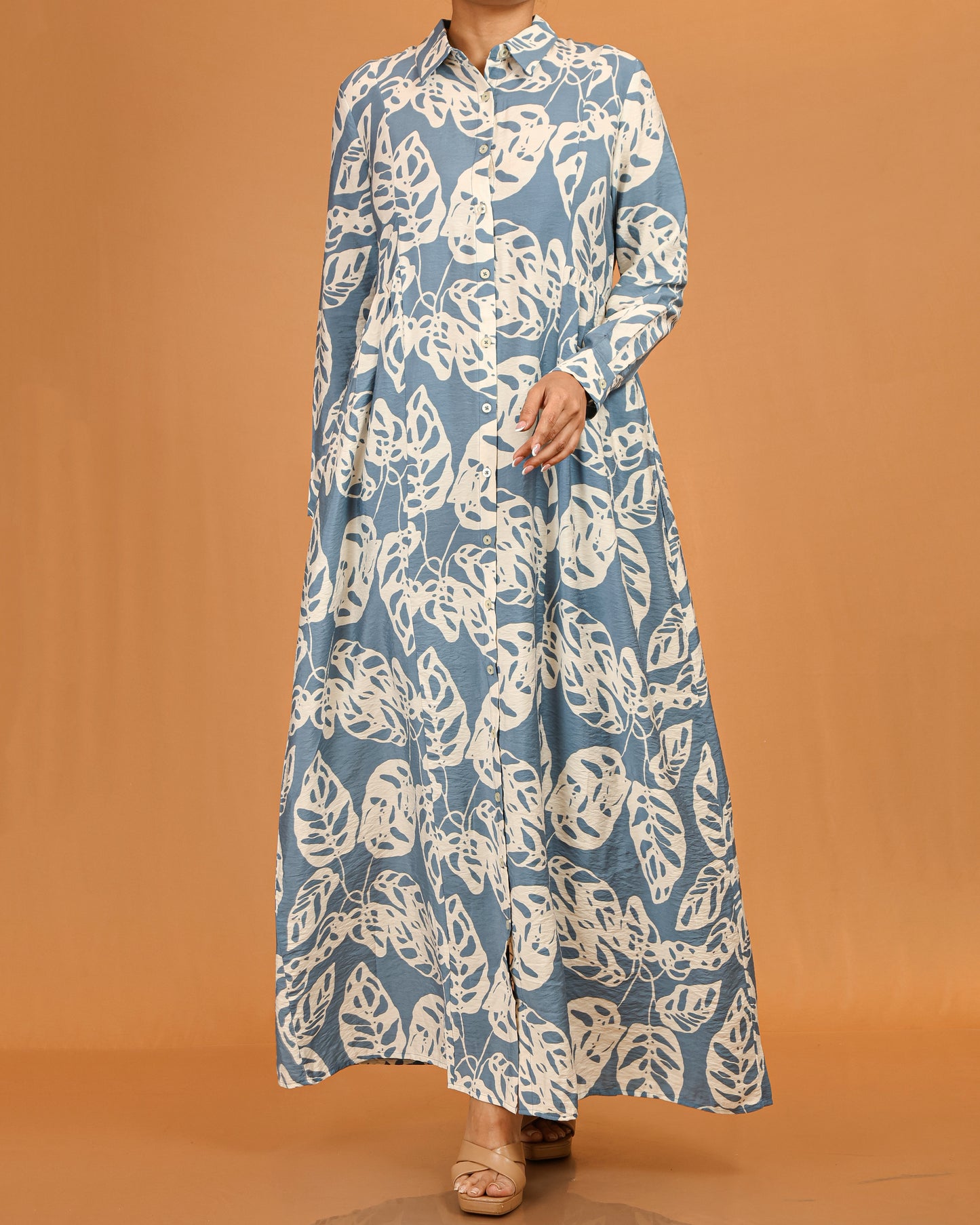 Aaliyah Blue Leaf Print Button-Down Dress