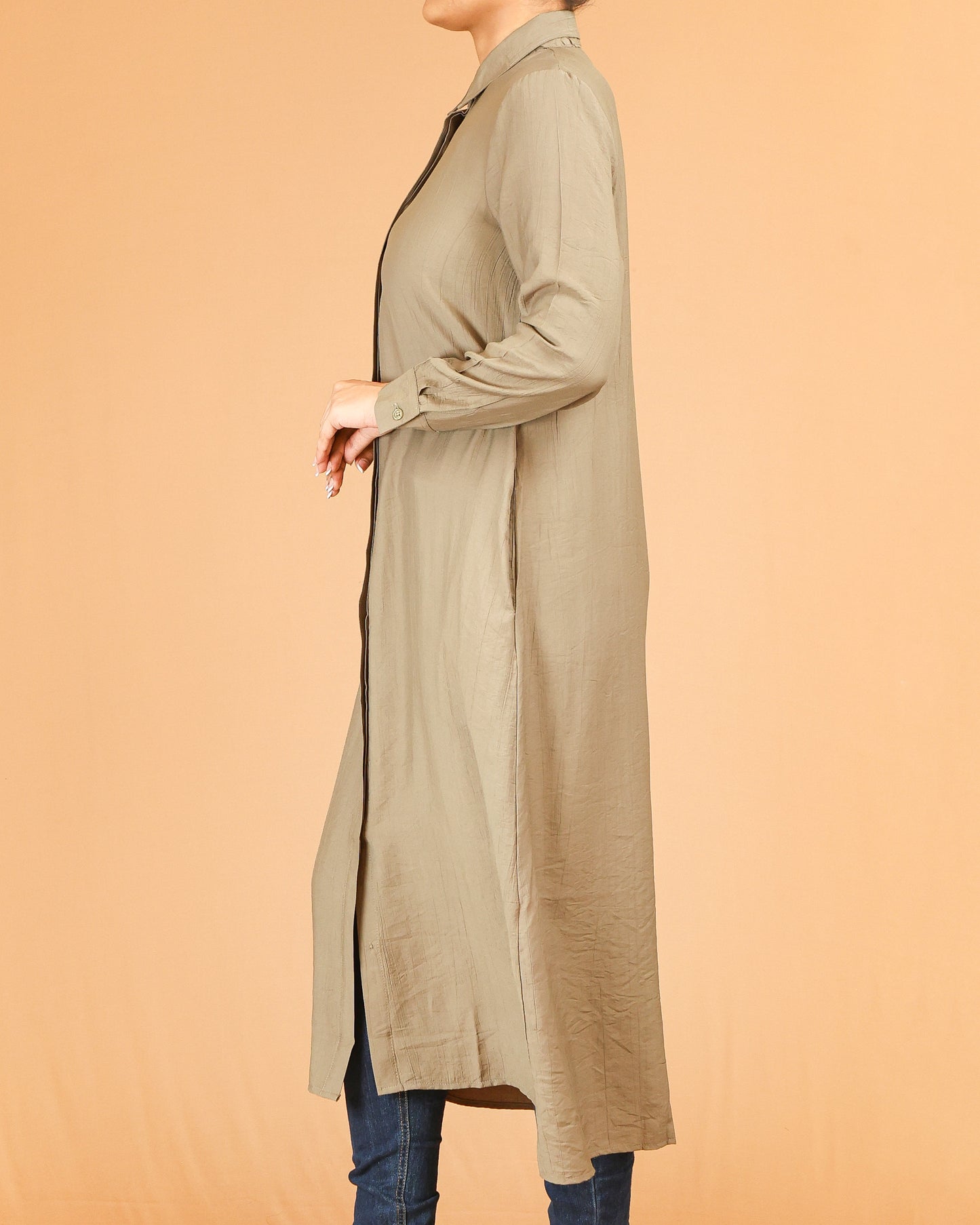 Sand Beige Shirt Dress with Concealed Placket