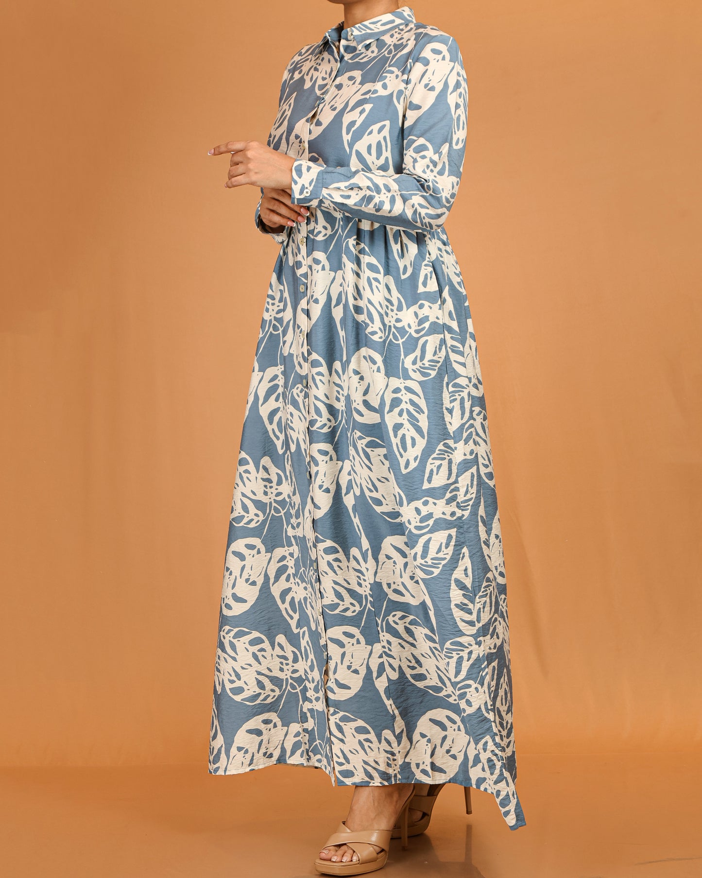 Aaliyah Blue Leaf Print Button-Down Dress