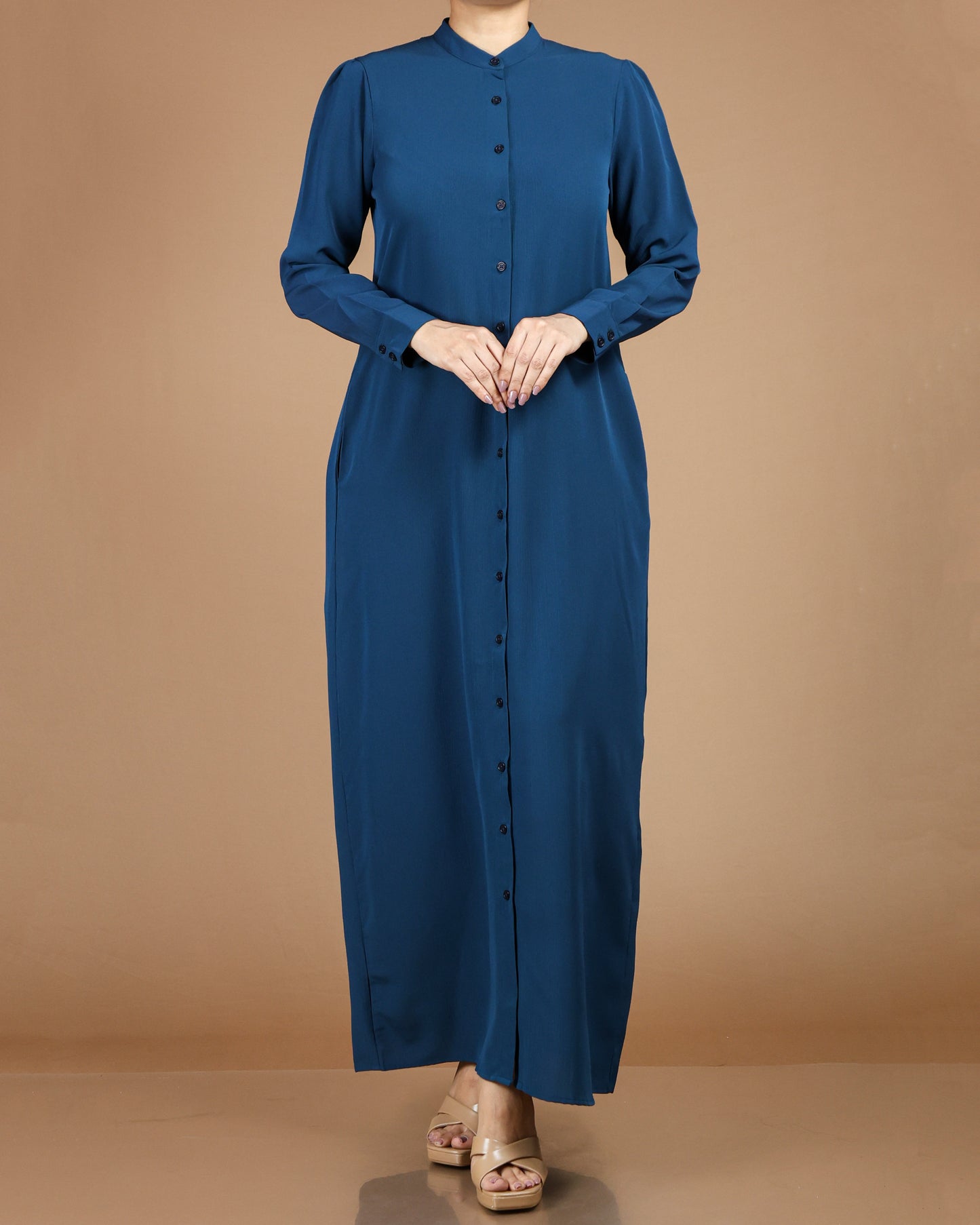 Textured Polyester Button-Down Maxi Dress
