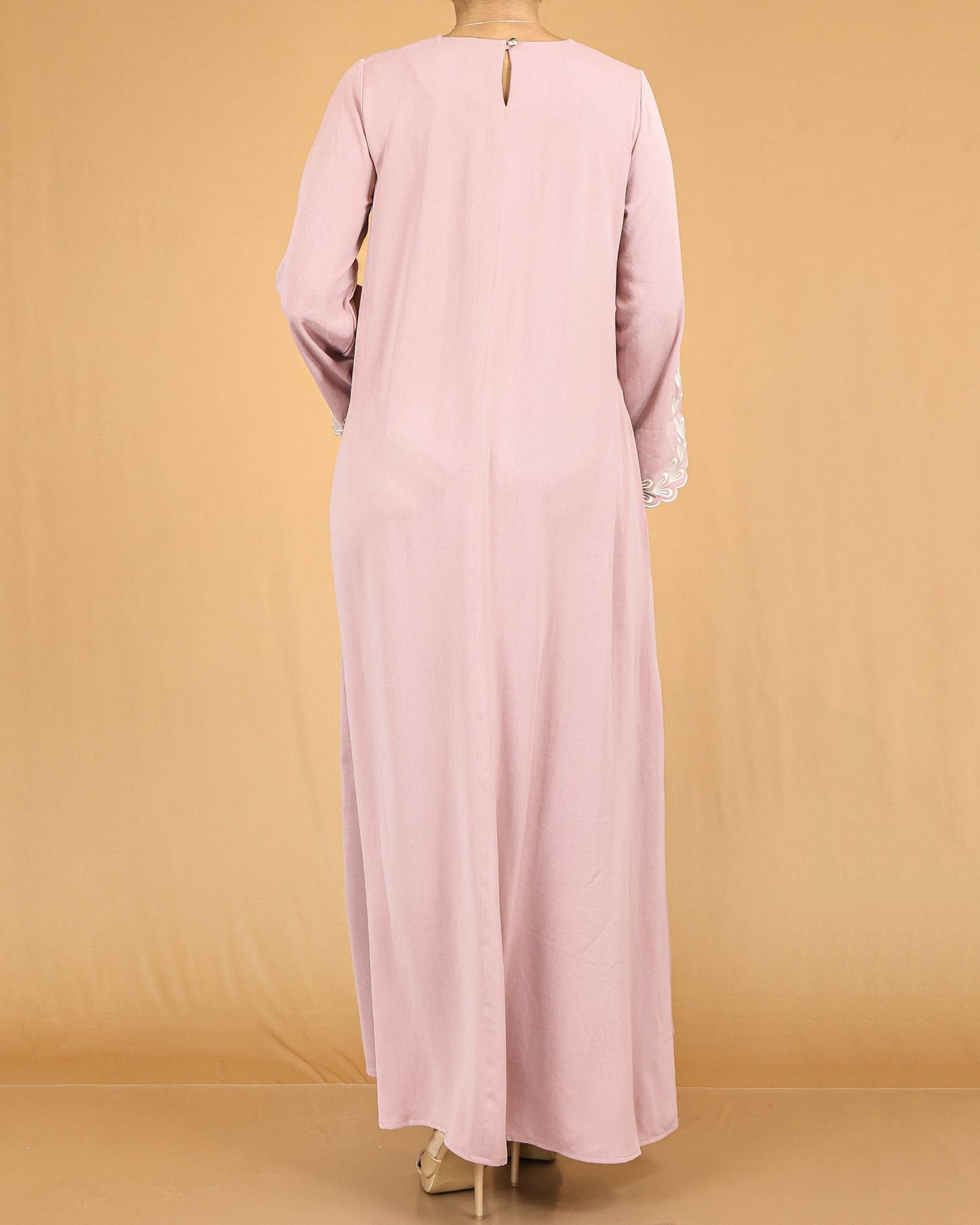 Dusty Pink Embroidered Bell-Sleeve Abaya