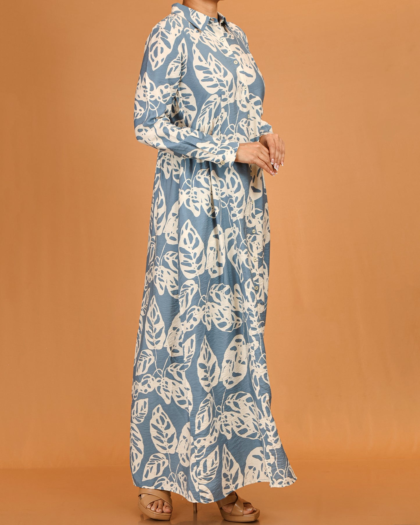 Aaliyah Blue Leaf Print Button-Down Dress