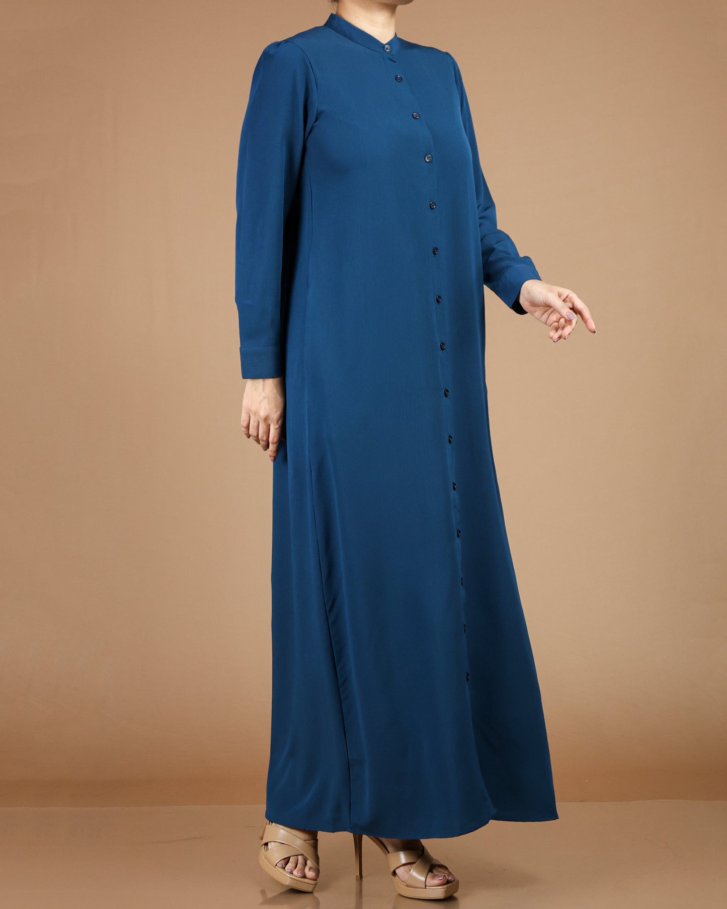 Textured Polyester Button-Down Maxi Dress