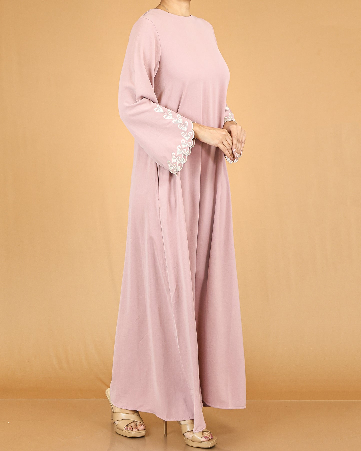 Dusty Pink Embroidered Bell-Sleeve Abaya