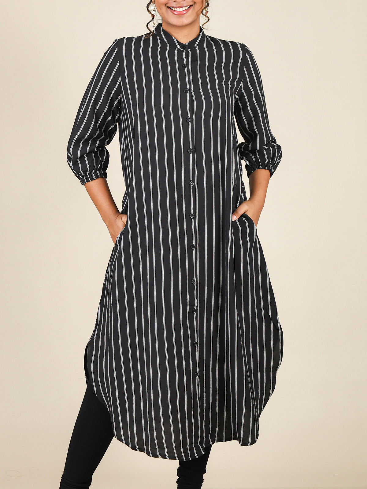 Zaria Black Pinstripe Mandarin Midi