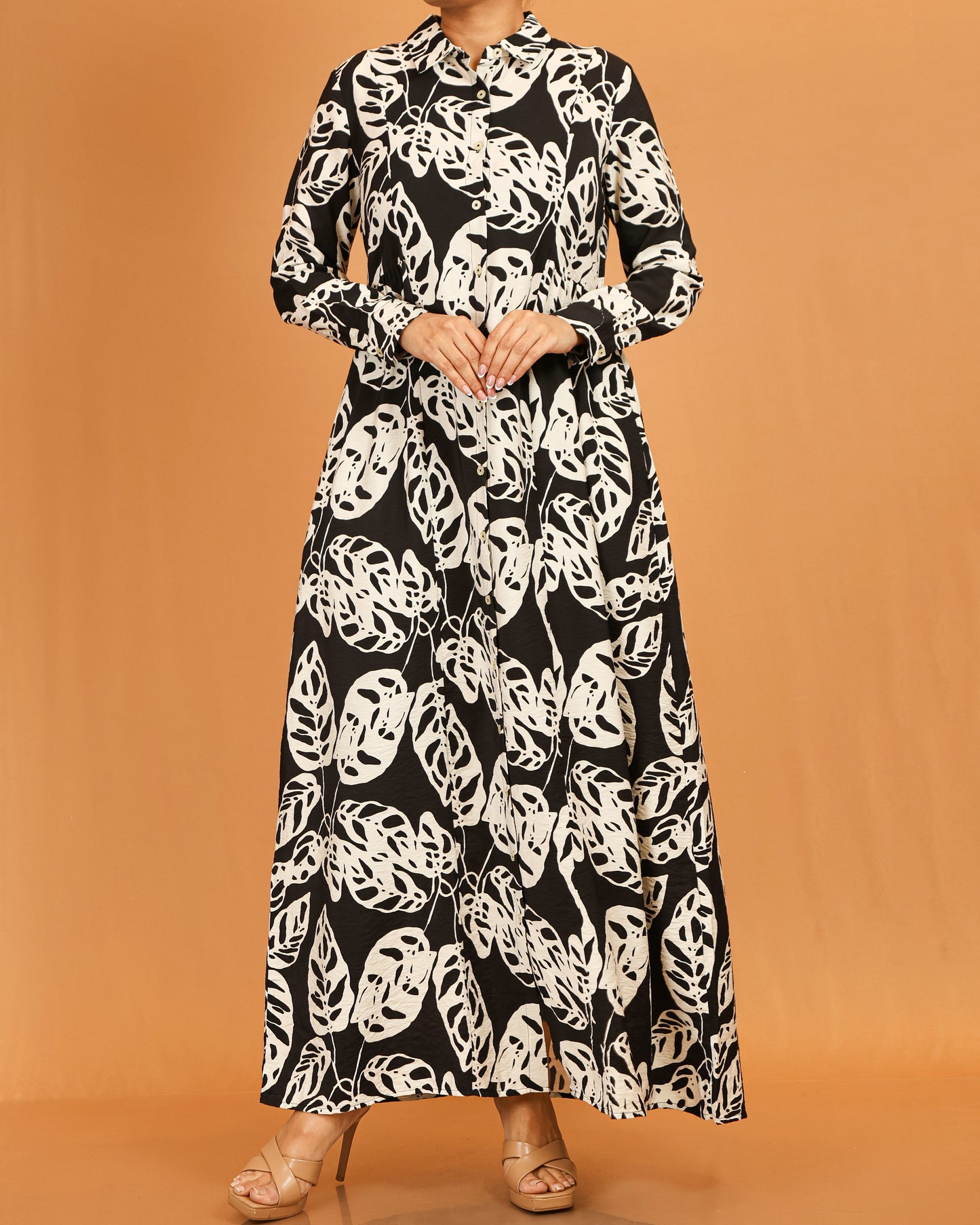 Aaliyah Black Leaf Print Button-Down Dress