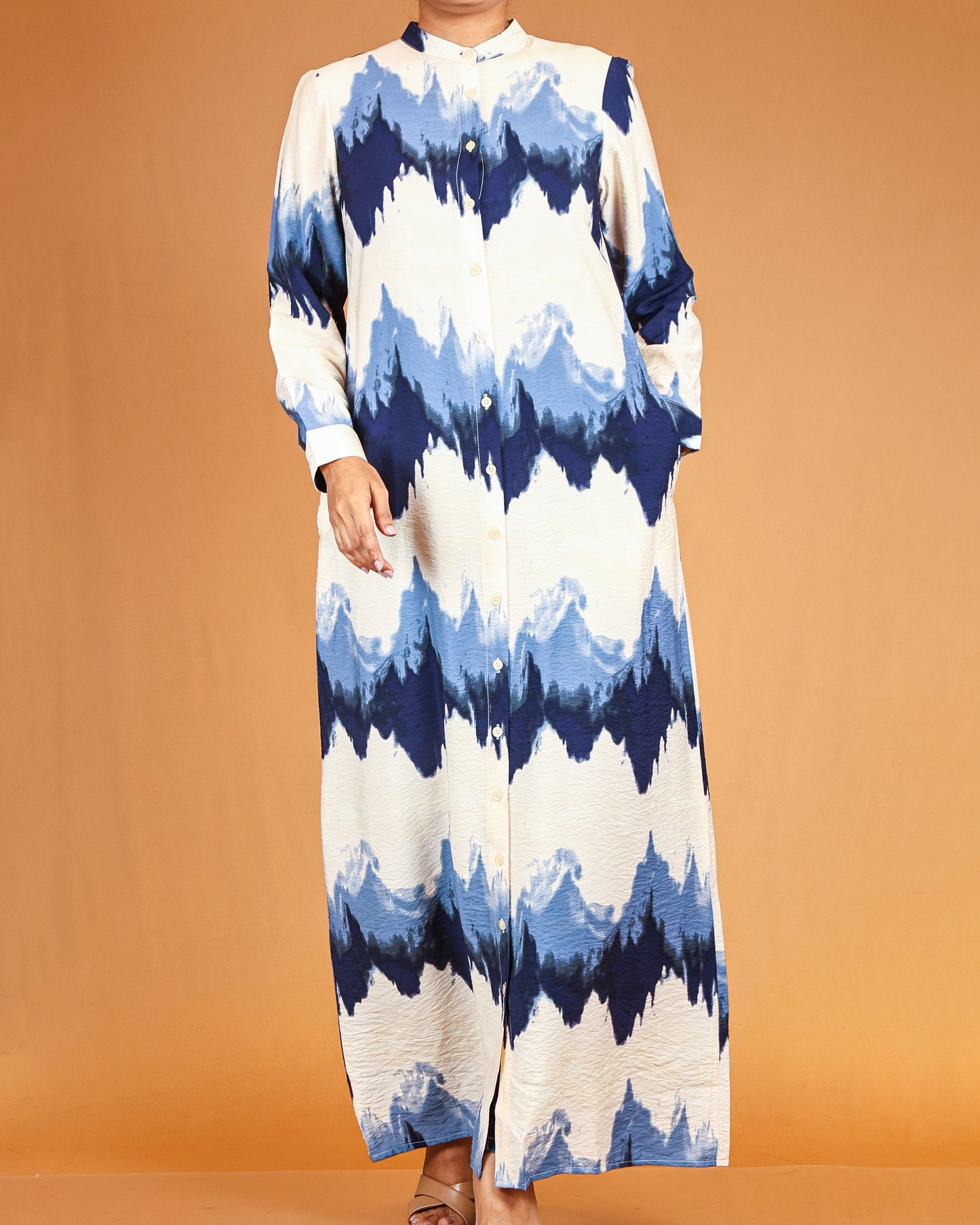 Azure Wave Print Button-Down Maxi Dress