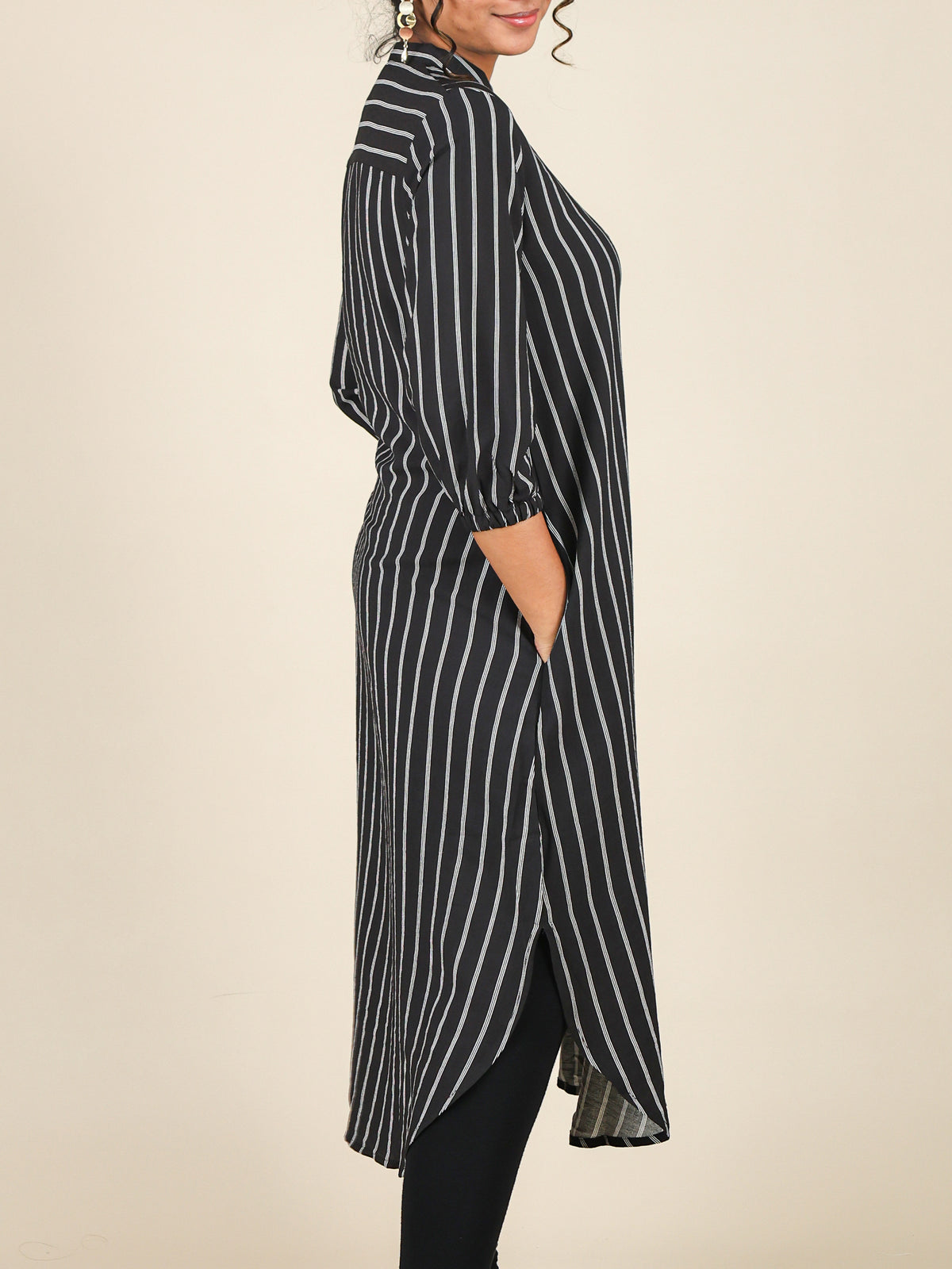 Zaria Black Pinstripe Mandarin Midi