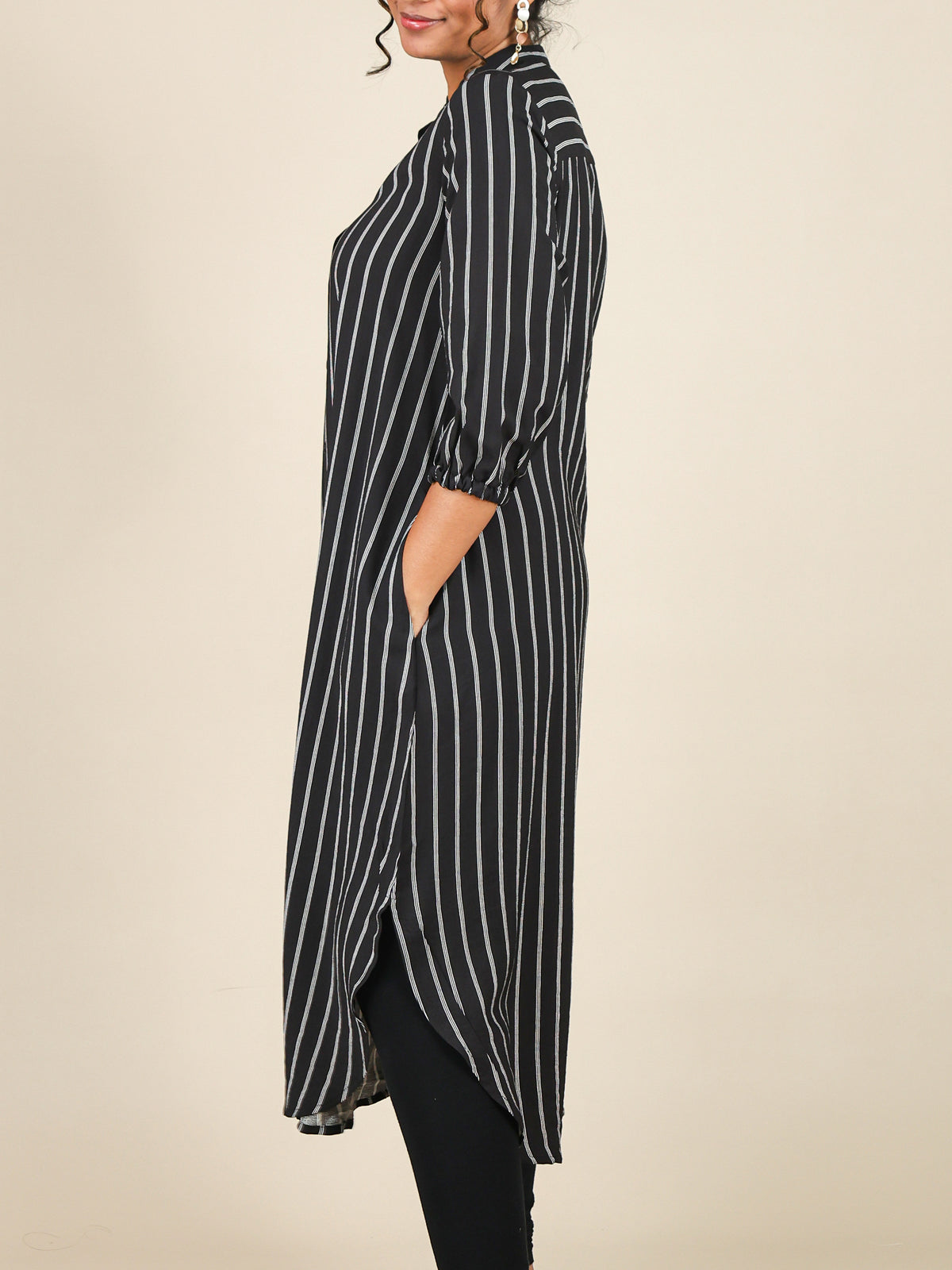 Zaria Black Pinstripe Mandarin Midi