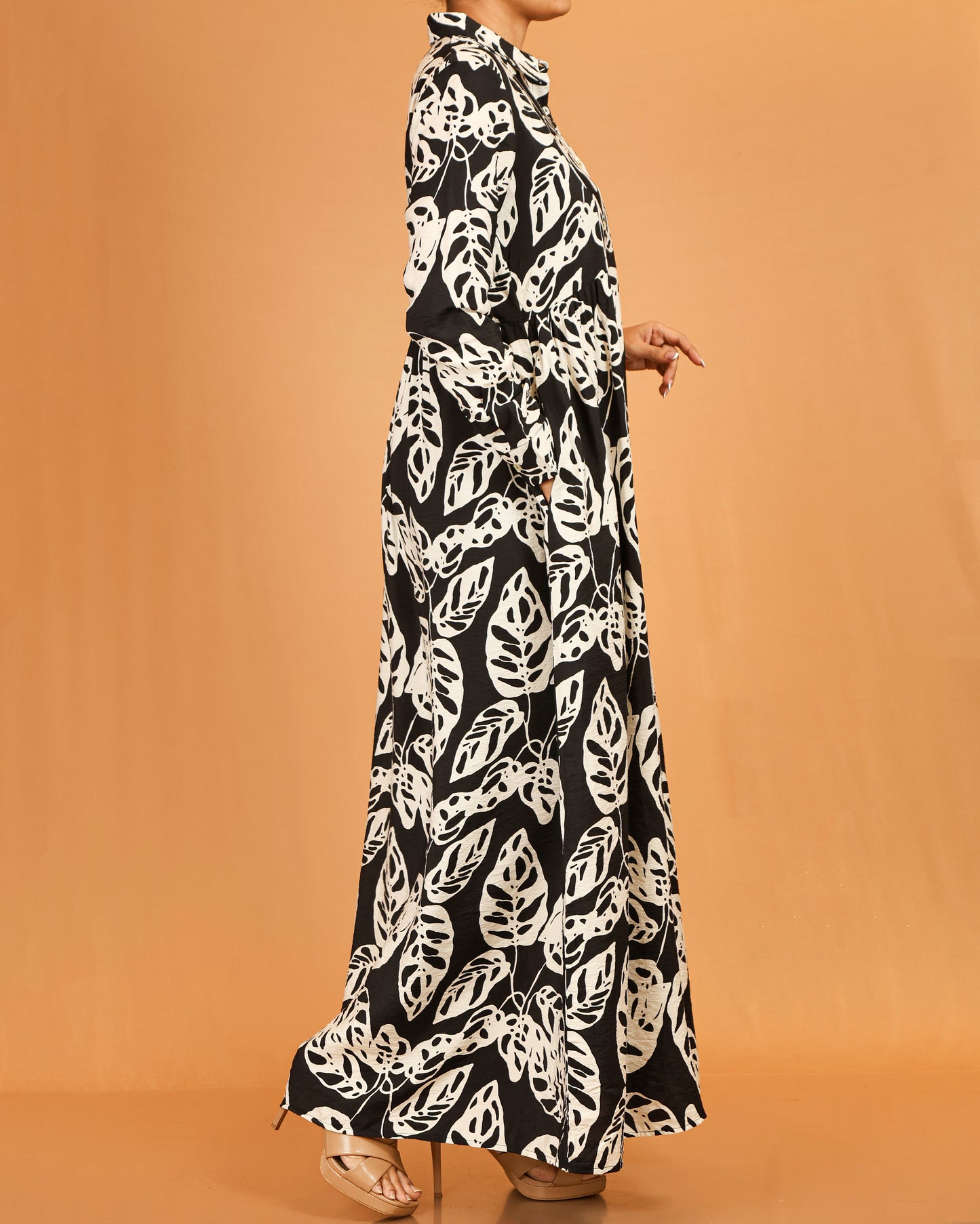 Aaliyah Black Leaf Print Button-Down Dress
