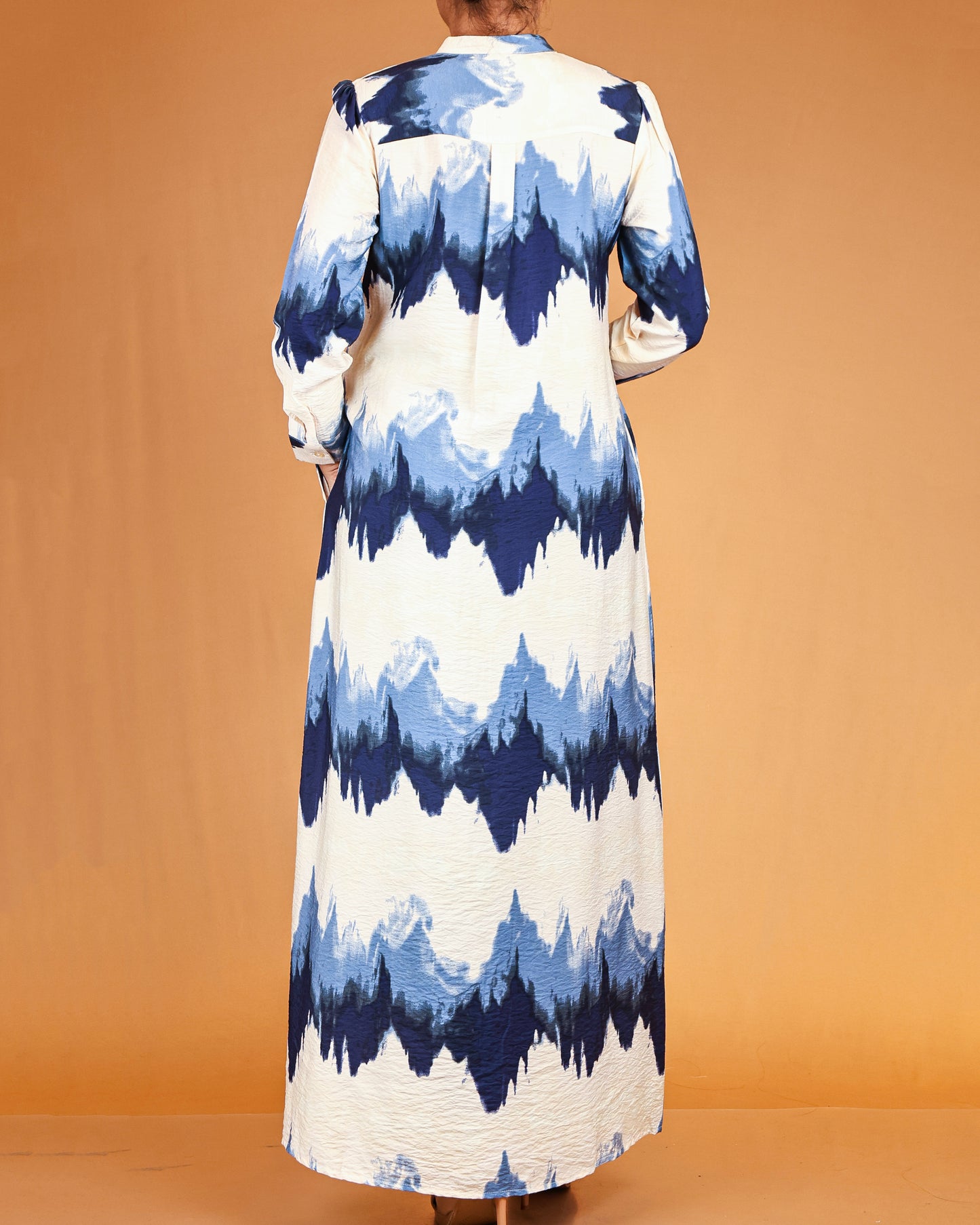 Azure Wave Print Button-Down Maxi Dress