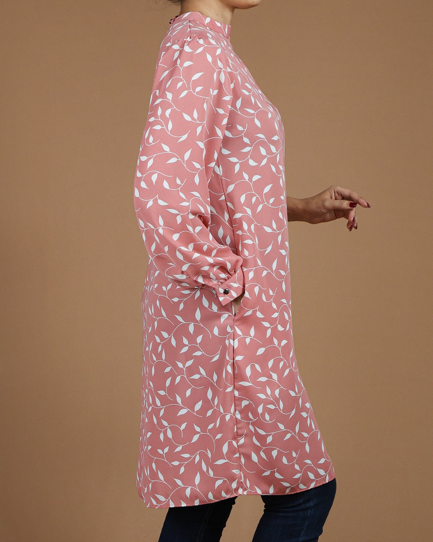 Leaf-Print Long Top with Pockets